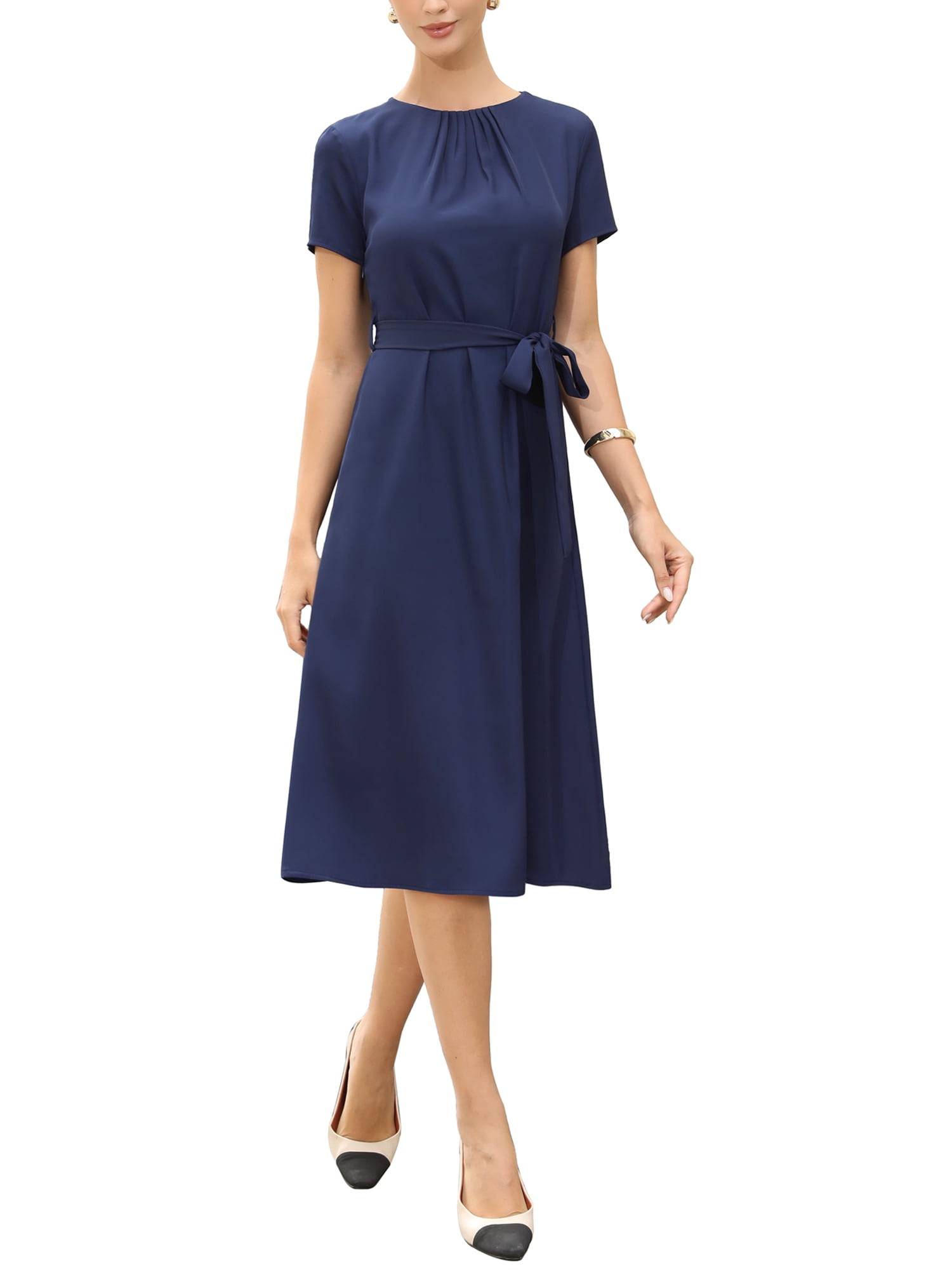 navy blue short flowy dress INSPIRE CHIC Summer Dress for Women Work Casual Short Sleeve Crewneck A Line Flowy Dresses with Belt M Navy Blue, Women's, Size: Medium