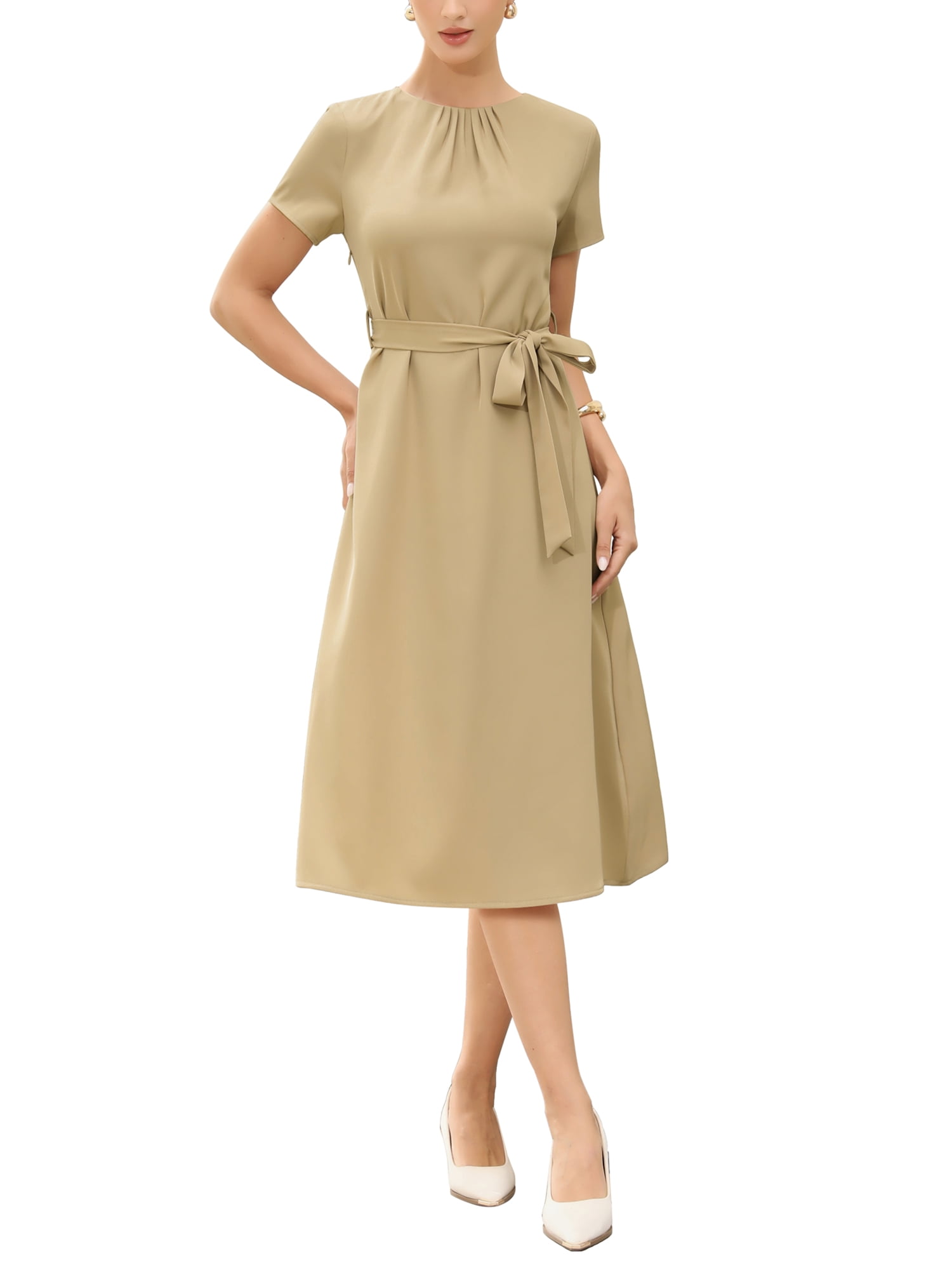 khaki dresses for ladies INSPIRE CHIC Summer Dress for Women Work Casual Short Sleeve Crewneck A Line Flowy Dresses with Belt XL Khaki, Women's, Brown