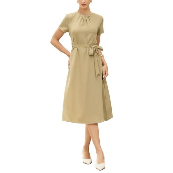 Summer Dress for Women Work Casual Short Sleeve Crewneck A Line Flowy Dresses with Belt XS Khaki