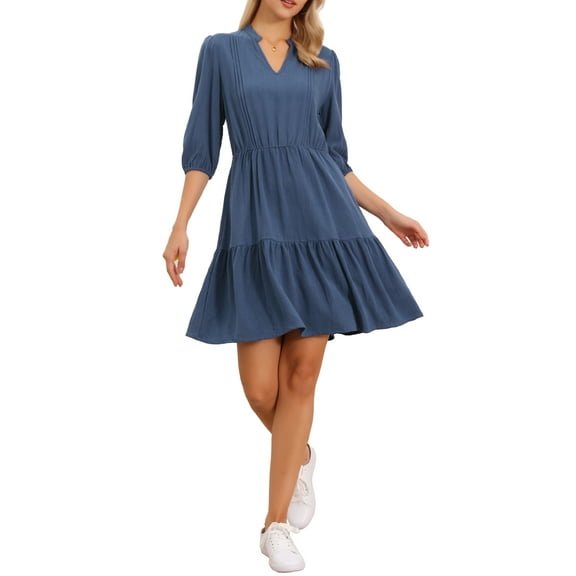 Summer Dress for Women's Casual V Neck Half Sleeve Elastic Waist Flowly Swing A Line Beach Sundress L Navy Blue