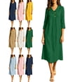 thumbnail image 1 of Women's Cotton Linen Midi Dress 3/4 Sleeve V Neck Button Casual Loose Summer Dress, 1 of 5