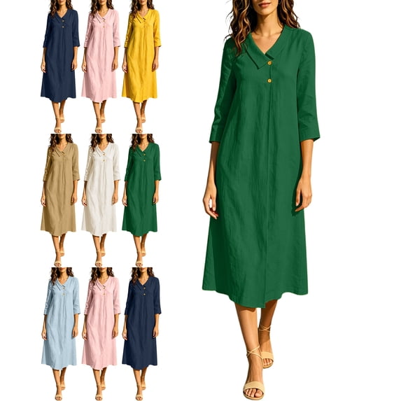 Women's Cotton Linen Midi Dress 3/4 Sleeve V Neck Button Casual Loose Summer Dress