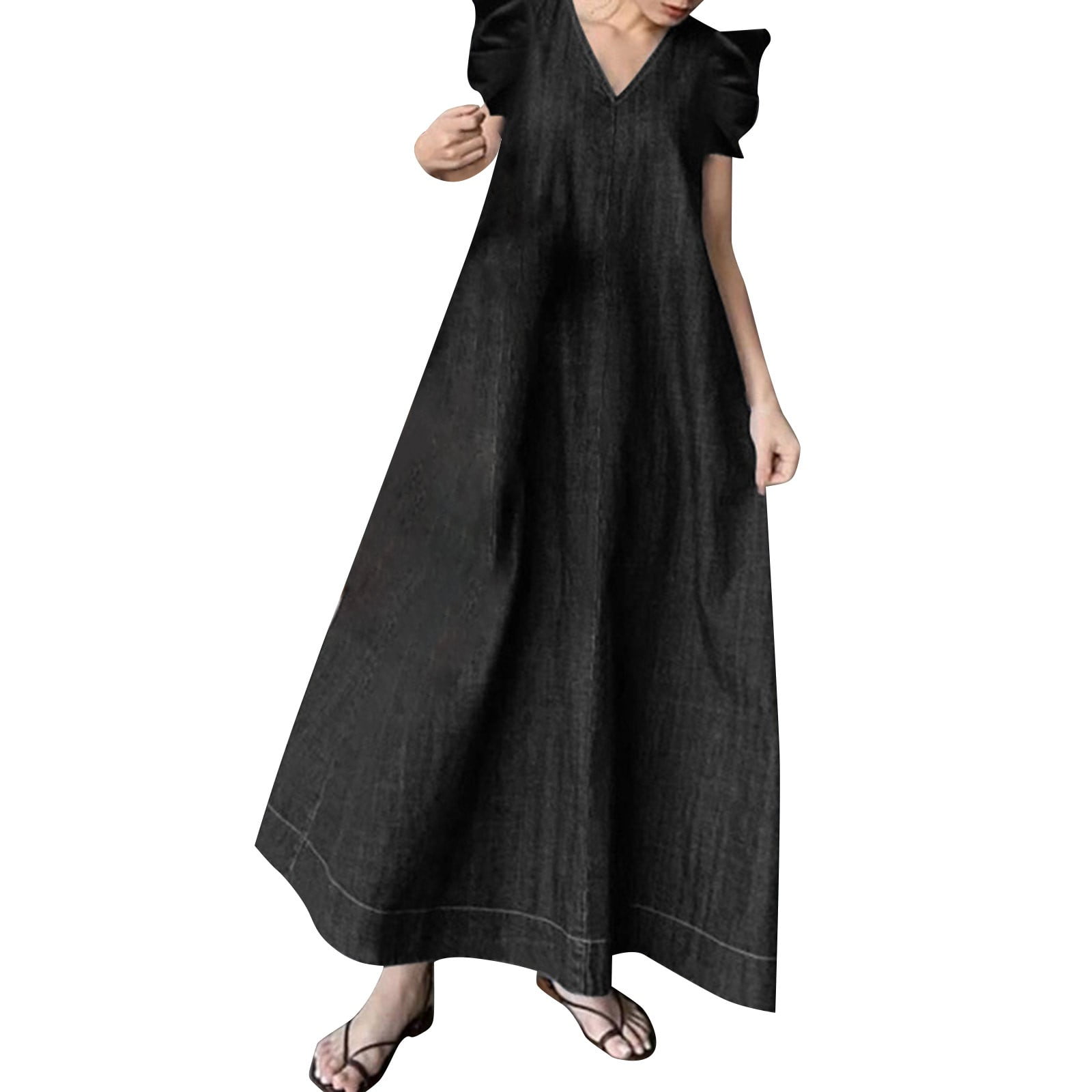 Summer Dresses 2023 Plus Size Denim Solid V Neck Bohemian Loose Plus Size Maxi  Dress With Sleeves Petite Black XXXXL - Walmart.com