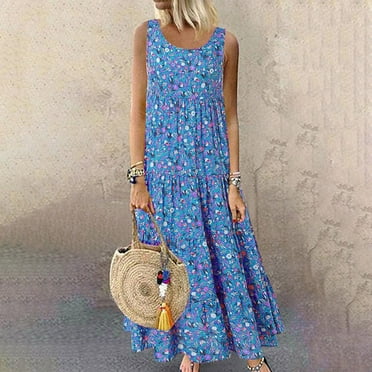 Summer Dresses 2023 Plus Size Women Dresses Casual Halter Dresses Sleeveless Dresses French Ethnic Dresses Floral Print Long Dresses High Waist Midi Beach Dresses O Neck Sundress