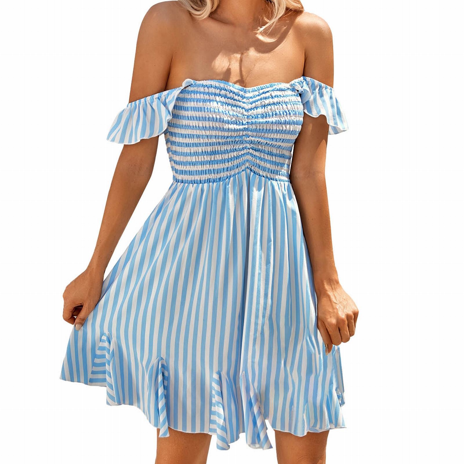 Summer Dresses 2024 Casual Open Shoulder Ruffled Stripe Dress Swing ...