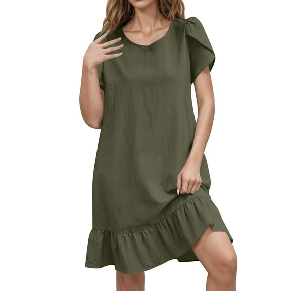 Summer Dresses, 2025 Casual Elegant Round Neck Tshirt Dress Cotton Linen Boho Beach Dress For Wedding Guest Easter Party Vacation Sundress With Ruffle Hem Church Outfits (XL, Green) ZMTing
