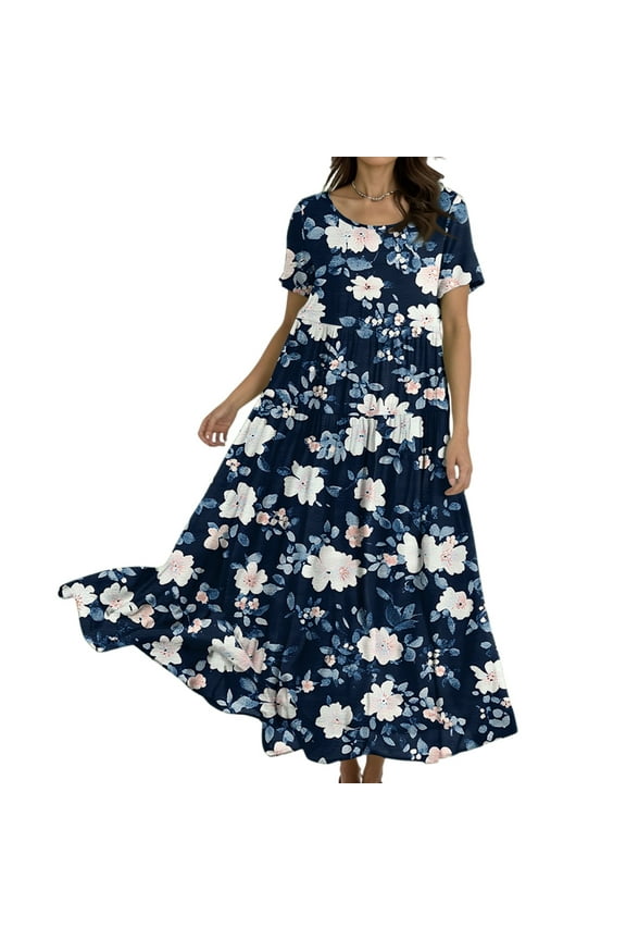 Summer Dresses, Casual Loose Fit Floral Short Sleeve Boho Dress For Easter Wedding Guest 2025 Elegant Church Beach Party Maxi Dress Vintage Womens Dresses Romper Sundresses (M, Dark Blue) ZMTing