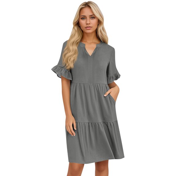 Summer Dresses, Casual Ruffles Short Sleeve V Neck Boho Beach Dress Loose Vacation Party With Pockets Long Sweater Dresses For Women 2025 Tennis Dresses 2024 Casual Dresses (L, Dark Gray) ZMTing