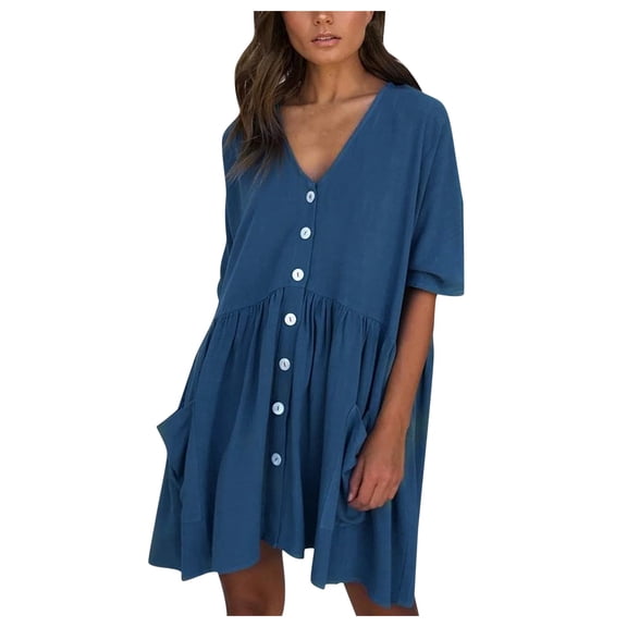 Summer Dresses, Casual Summer Dresses for Women,Women's Casual Mini V-Neck Loose Sleeve Dress with Half Pocket Solid Button Design Comfortable Ladies Summer Dress