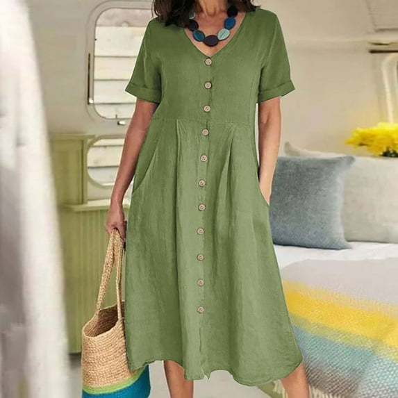 Summer Dresses Comfortable Comfy Summer Dress Flowy Natural Trendy Cotton Summer Dresses for Women 2024,Womens Fashion Button Up Shirt Dress Cotton Dress Summer Long Dresses With Pocke,Green,M