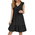 thumbnail image 1 of Summer Dresses for Curvy Women Plus Size Cotton Linen V Neck Ruffle Tiered Layered Lightweight Pleated Dresses Sleeveless Knee Length Business Beach Dresses Black XXL, 1 of 6