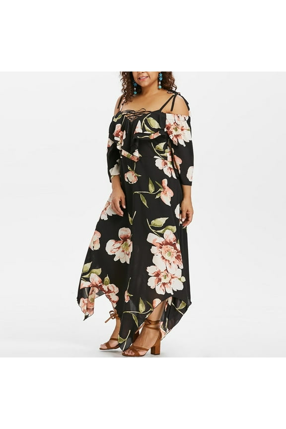 "Summer Dresses Fashion Women Off Shoulder Plus Size Lace Up Maxi Flowing Floral Print Dress,rollbacks"