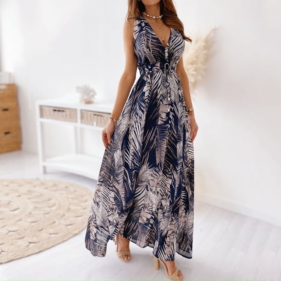 Summer Dresses For Women 2022 Dress For Ninang Sale Women's Summer Fashion New Floral Print Halter Strap Long Dress Banquet Wedding Blue