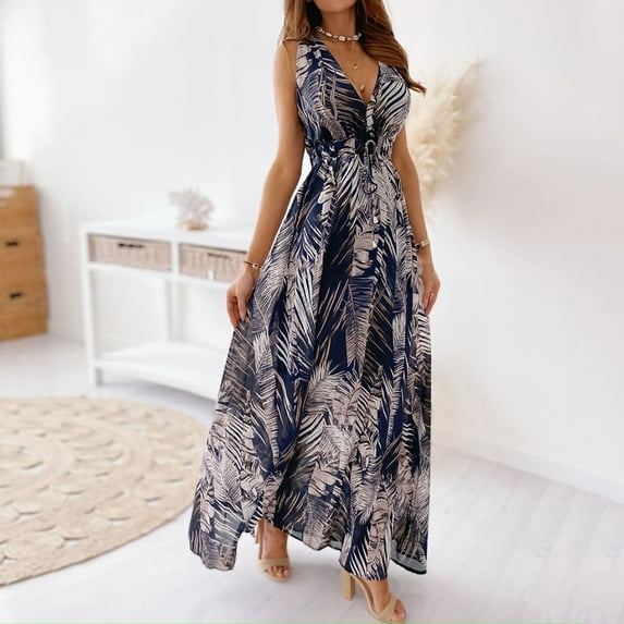 Summer Dresses For Women 2022 Dress For Ninang Sale Women's Summer Fashion New Floral Print Halter Strap Long Dress Banquet Wedding Blue