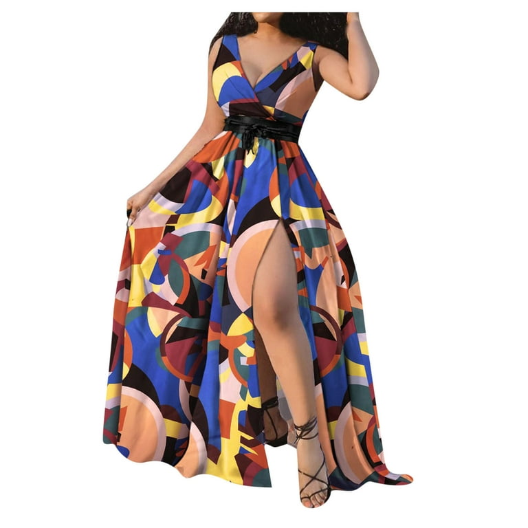 Summer Dresses For Women 2023 Plus Size Maxi V-Neck Sleeveless Print Party  High Slit Black Dresses For Women Tummy Control