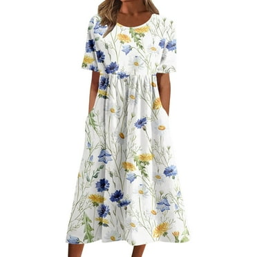 Summer Dresses For Women 2023 Suitable Boho Short Sleeve O Neck Pocket Casual Print Short Crewneck Sundress