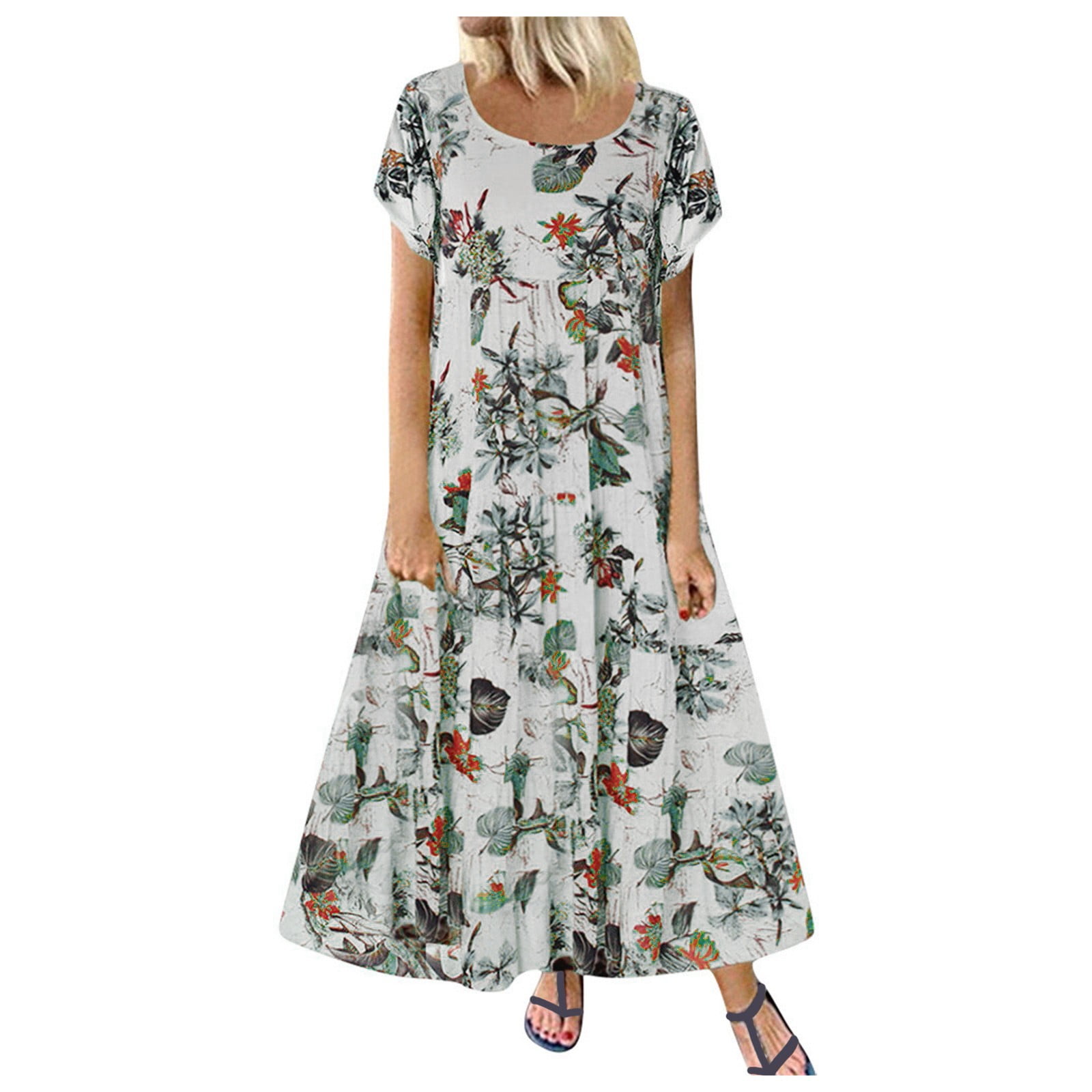 Summer Dresses For Women 2024 Casual Floral Printed Short Sleeve Boho ...