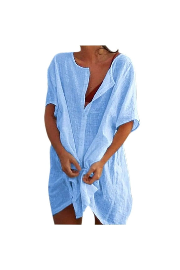 Summer Dresses For Women 2024 Casual V Neck Top Shirt Pullover Solid Color Comfortable Shirt Short Sleeve Loose Elegant Shirt Dress