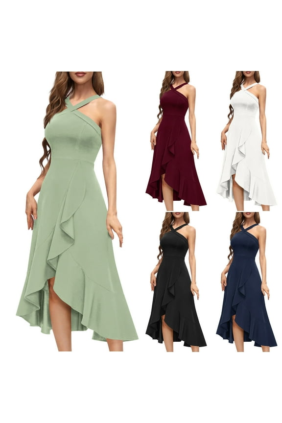 Summer Dresses For Women 2025 Plus Size Casual A-Line Flowy Sleeveless Halter Ruffle Hem Party Wedding Guest Beach Vacation Dresses Green XXL