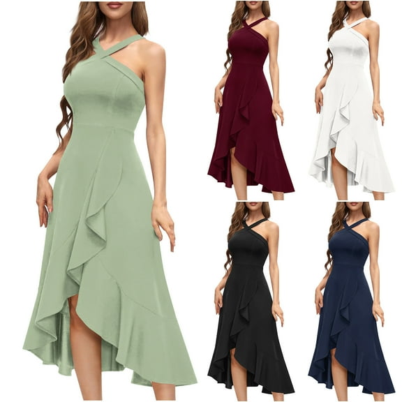 Summer Dresses For Women 2025 Plus Size Casual A-Line Flowy Sleeveless Halter Ruffle Hem Party Wedding Guest Beach Vacation Dresses Green XXL