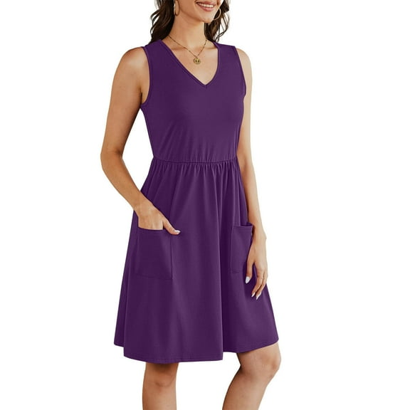 Summer Dresses For Women 2025 Sevevn Fashion Women's Casual Comfortable Solid Sleeveless V-Neck Pocket Dress