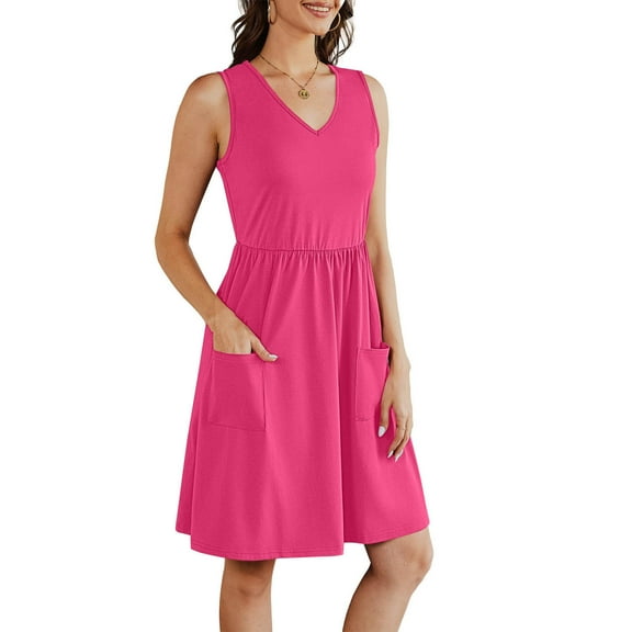 Summer Dresses For Women 2025 Sevevn Fashion Women's Casual Comfortable Solid Sleeveless V-Neck Pocket Dress