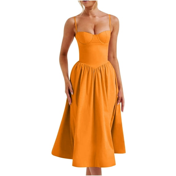 Summer Dresses For Women 2025 Sevevn Slim Fitting Solid Color Strap Pleated Mid Length Dress With Straps