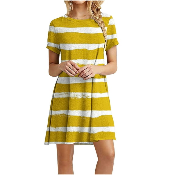 Summer Dresses For Women 2025 Sevevn Women's Casual Color-Blocking Printed Short-Sleeved Round-Neck Dress