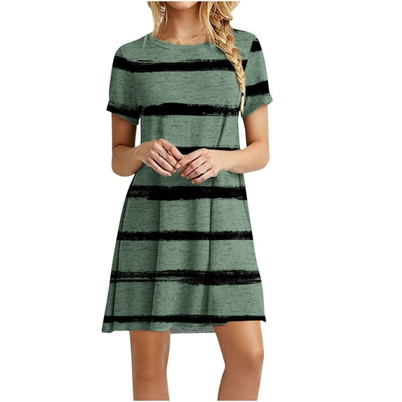 Summer Dresses For Women 2025 Sevevn Women's Casual Color-Blocking Printed Short-Sleeved Round-Neck Dress