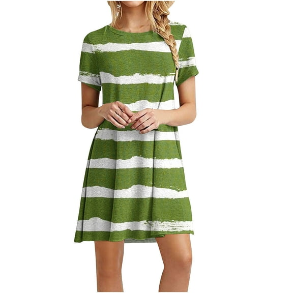 Summer Dresses For Women 2025 Sevevn Women's Casual Color-Blocking Printed Short-Sleeved Round-Neck Dress