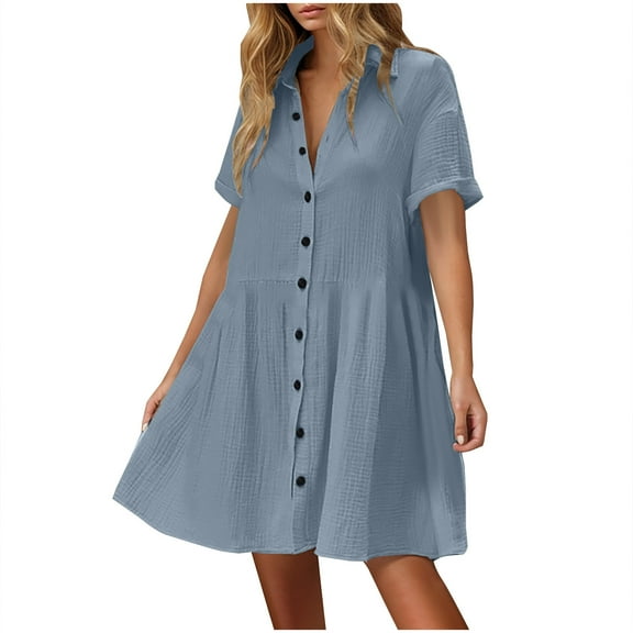 Summer Dresses For Women 2025 Sevevn Women's Casual Short Sleeve Button Down Mini Shirt Dress Cotton Linen Babydoll Tunic Loose Beach Dress