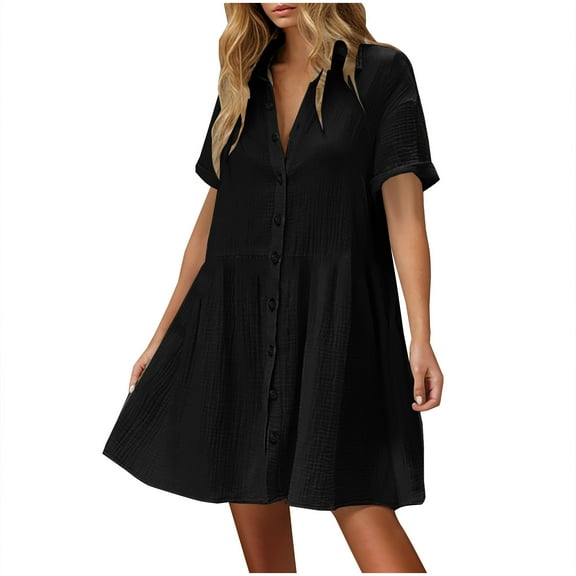 Summer Dresses For Women 2025 Sevevn Women's Casual Short Sleeve Button Down Mini Shirt Dress Cotton Linen Babydoll Tunic Loose Beach Dress