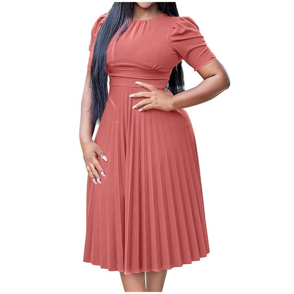 Summer Dresses For Women 2025 Sevevn Women's Casual Solid Color Round Neck Short Sleeve Round-Neck Mid-Calf Dress
