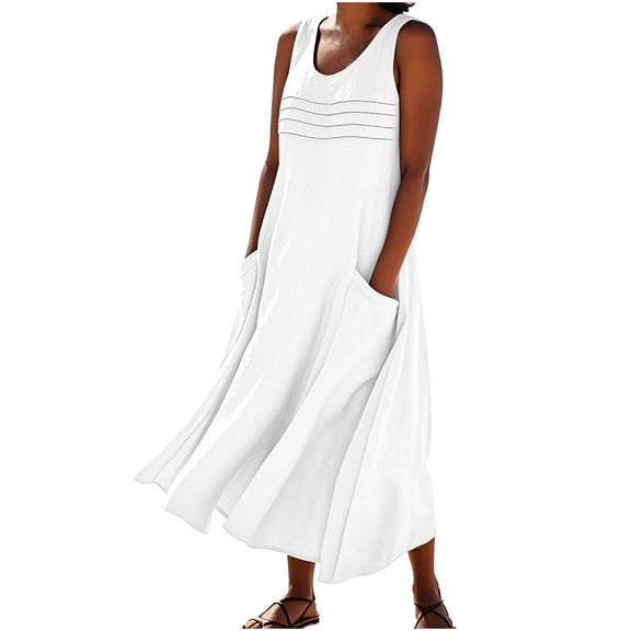 Summer Dresses For Women 2025 Sevevn Women's Cotton And Linen Dress Sleeveless Solid Color Dress With Pocket Skirt