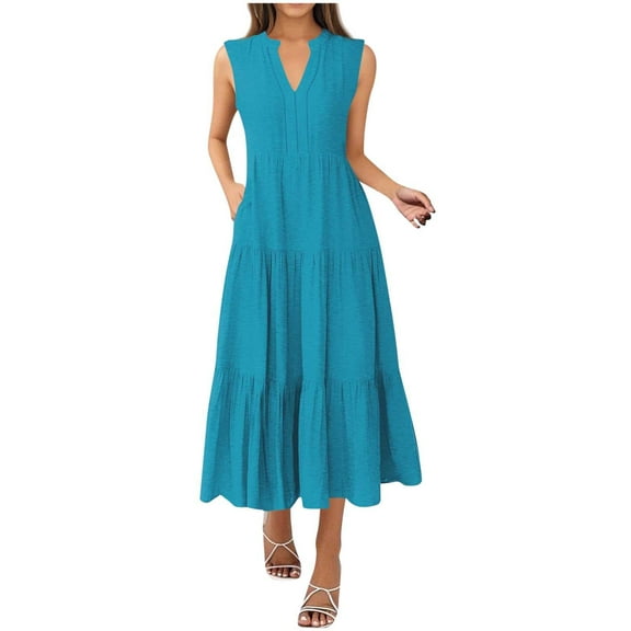 Summer Dresses For Women 2025 Sevevn Women's Fashion Casual Solid Color V-Neck Pullover Sleeveless Pullover Long Dress