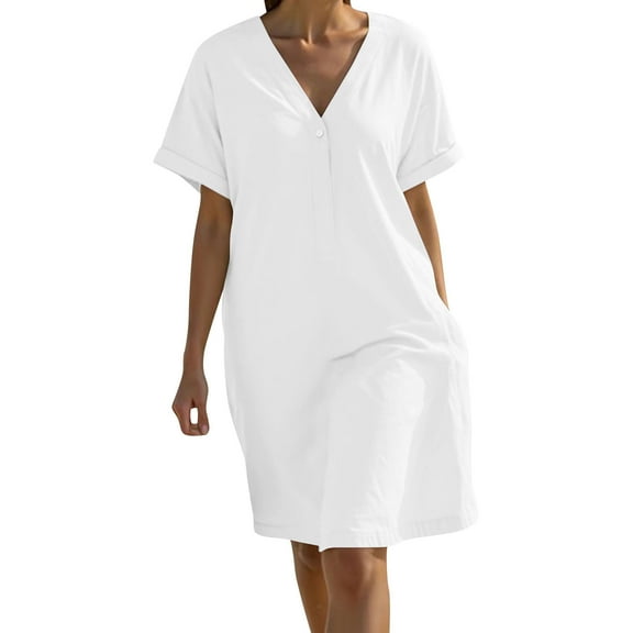 Summer Dresses For Women 2025 Sevevn Women's Fashion Crewneck Loose Short Sleeve Solid Knee-Length Dress