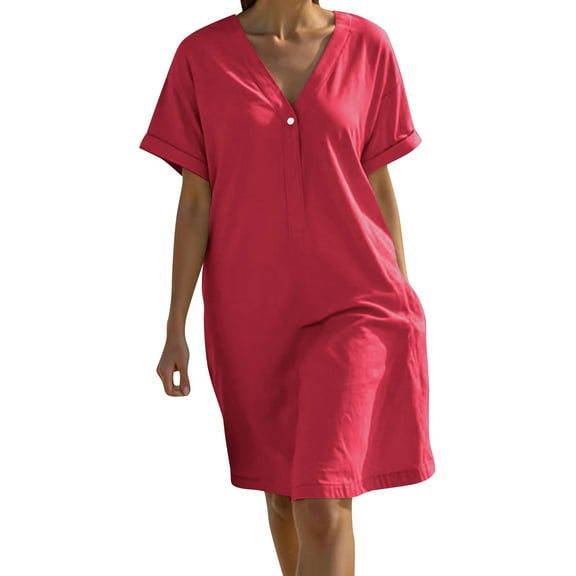 Summer Dresses For Women 2025 Sevevn Women's Fashion Crewneck Loose Short Sleeve Solid Knee-Length Dress