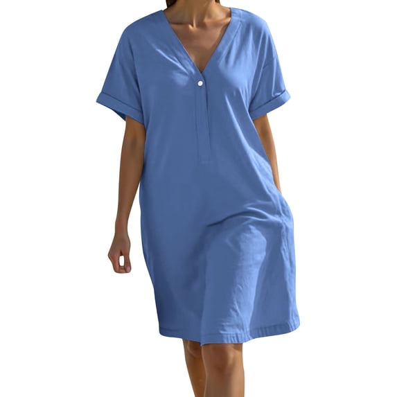Summer Dresses For Women 2025 Sevevn Women's Fashion Crewneck Loose Short Sleeve Solid Knee-Length Dress