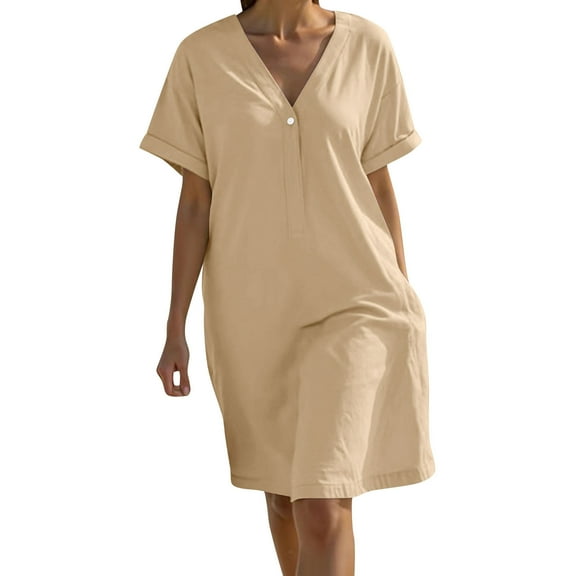 Summer Dresses For Women 2025 Sevevn Women's Fashion Crewneck Loose Short Sleeve Solid Knee-Length Dress