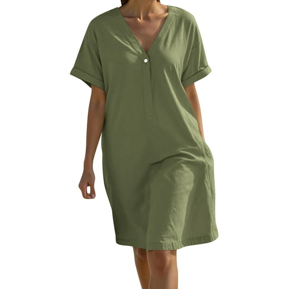 Summer Dresses For Women 2025 Sevevn Women's Fashion Crewneck Loose Short Sleeve Solid Knee-Length Dress
