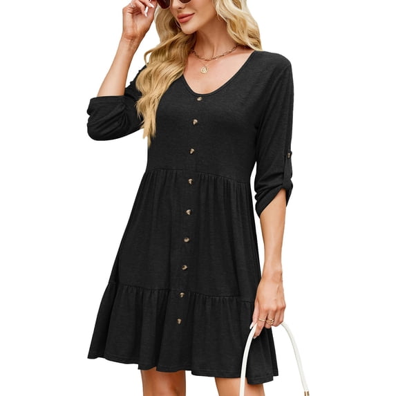 Summer Dresses For Women 2025 Sevevn Women's Fashion Solid Middle Sleeves Round-Neck Patchwork Dress Womens Dresses Casual