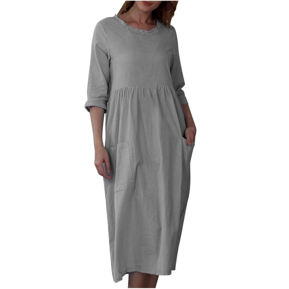 Summer Dresses For Women 2025 Sevevn Women's Solid Color Three-Quarter Sleeve Round Neck Casual Loose Pocket Dress