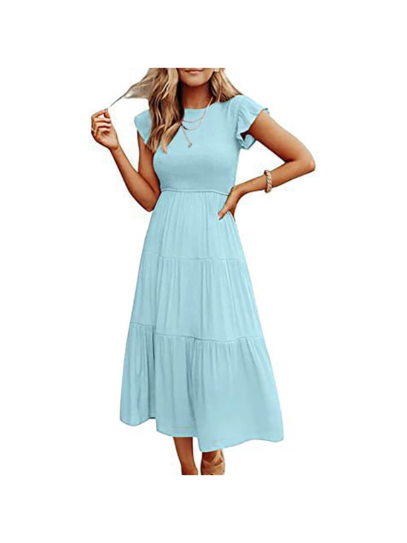 Summer Dresses For Women 2025 Sevevn Women's Summer Solid Color Temperament Flying Sleeves Large Skirt Mid Length Dress