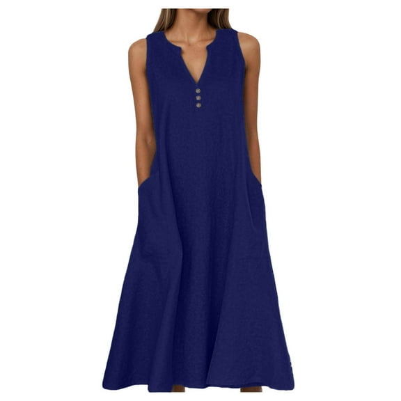 Summer Dresses For Women Casual Sleeveless Linen Flowy Beach Dress With Pockets