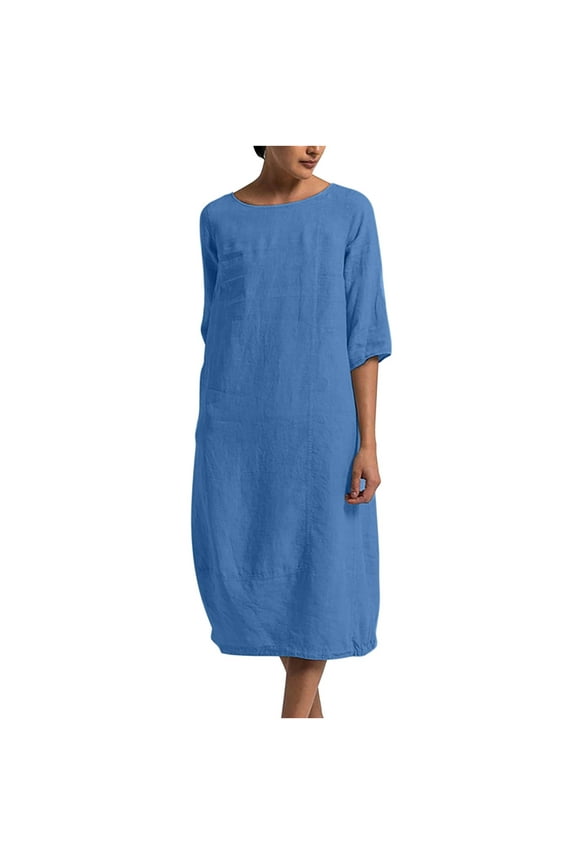 Summer Dresses For Women Short Sleeve Round-Neck Mid-Calf Dress Solid Color Cotton linen Boho Dress Crew neck Daily Maxi dress,Blue,5XL