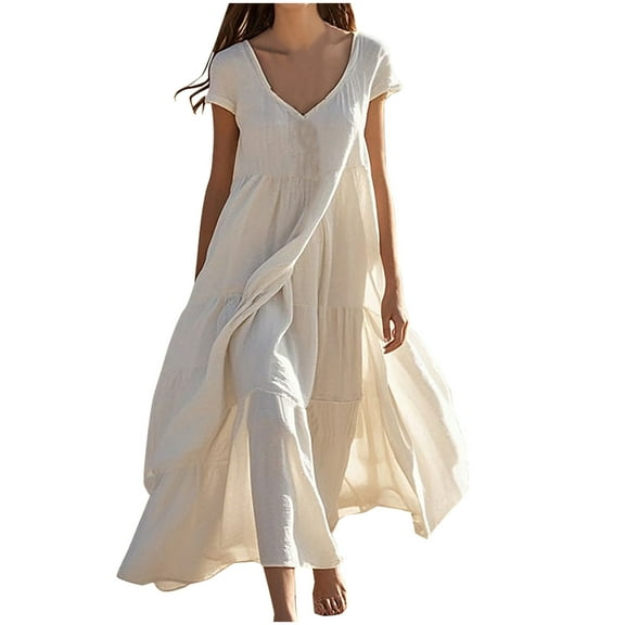 Summer Dresses For Women Cotton Linen Solid Color Short Sleeve Round Neck Dress Casual Long Dresses B-Beige