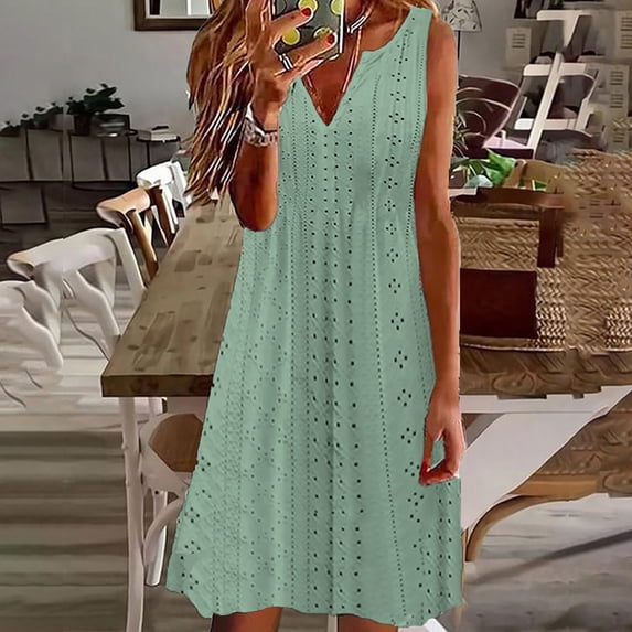 Summer Dresses For Women,Fashion Solid Sundresses loose Casual Round Neck Sleeveless Beach Long Dress Green XXXL