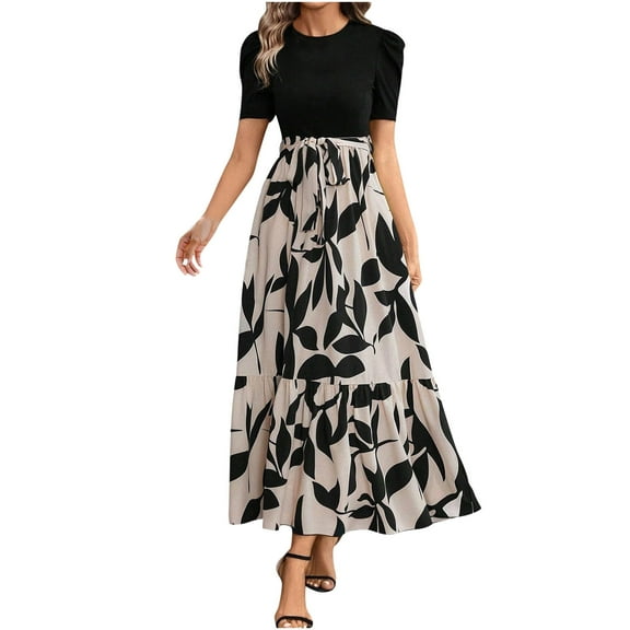 Summer Dresses For Women Floral Print Wrap Short Sleeve Maxi Dress Ruffle A Line Dress A-Khaki