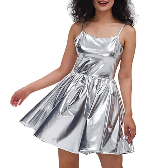 Summer Dresses For Women Leather Solid Color Spaghetti Strap Pleated Mini Dress Sundress Activewear,Silver,M
