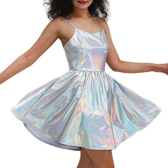 Summer Dresses For Women Leather Solid Color Spaghetti Strap Pleated Mini Dress Sundress Outwear,Yellow,L